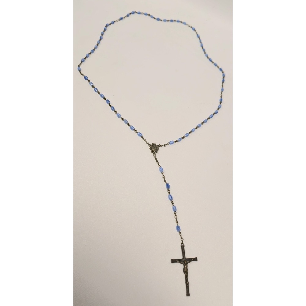 Vintage Rosary Beads Crucifix Necklace Bronze Italy Blue Beads Religious Jewelry